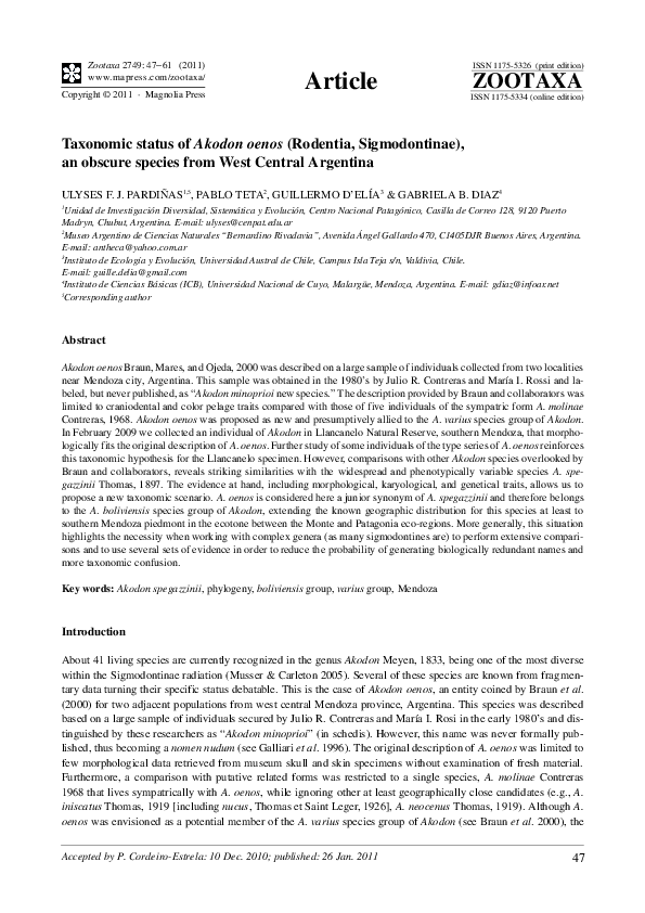 (PDF) Taxonomic status of Akodon oenos (Rodentia, Sigmodontinae), an