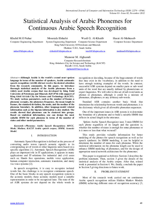 (PDF) Statistical Analysis of Arabic Phonemes Used in Arabic Speech