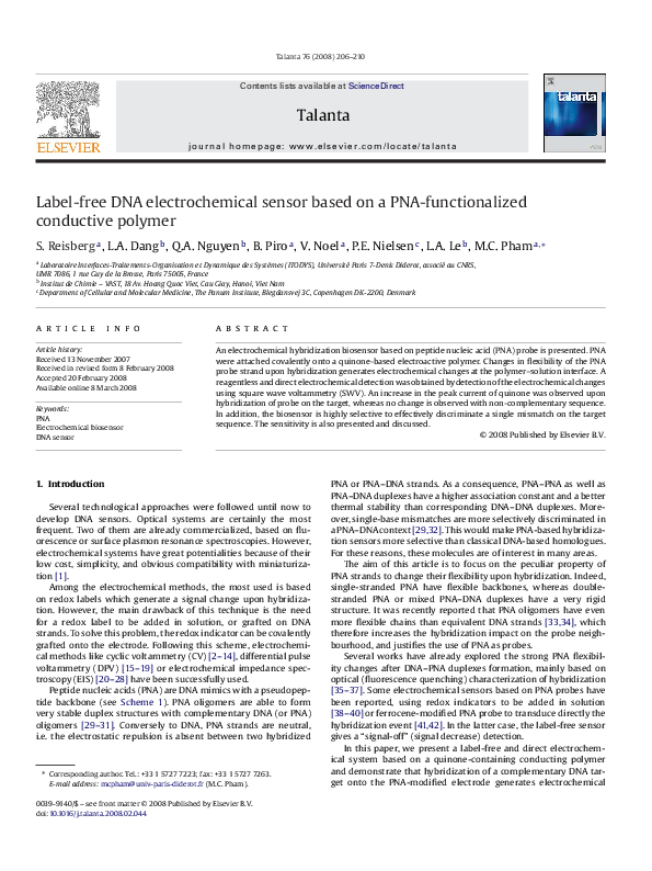(PDF) Label-free DNA electrochemical sensor based on a PNA ...