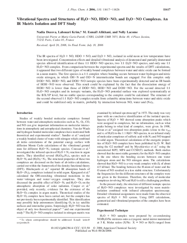 (PDF) Vibrational Spectra and Structures of H 2 O−NO, HDO−NO, and D 2 O ...
