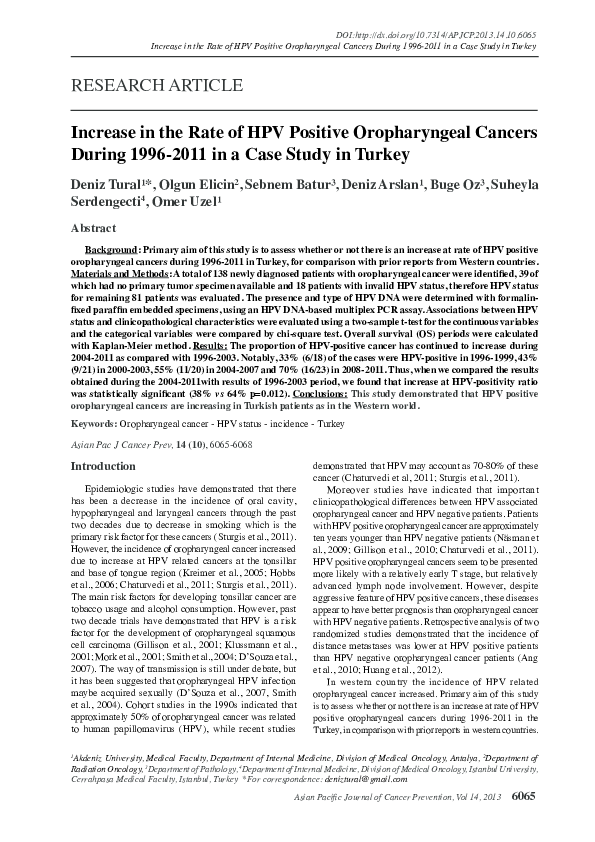 (PDF) Increase in the rate of HPV positive oropharyngeal cancers during ...