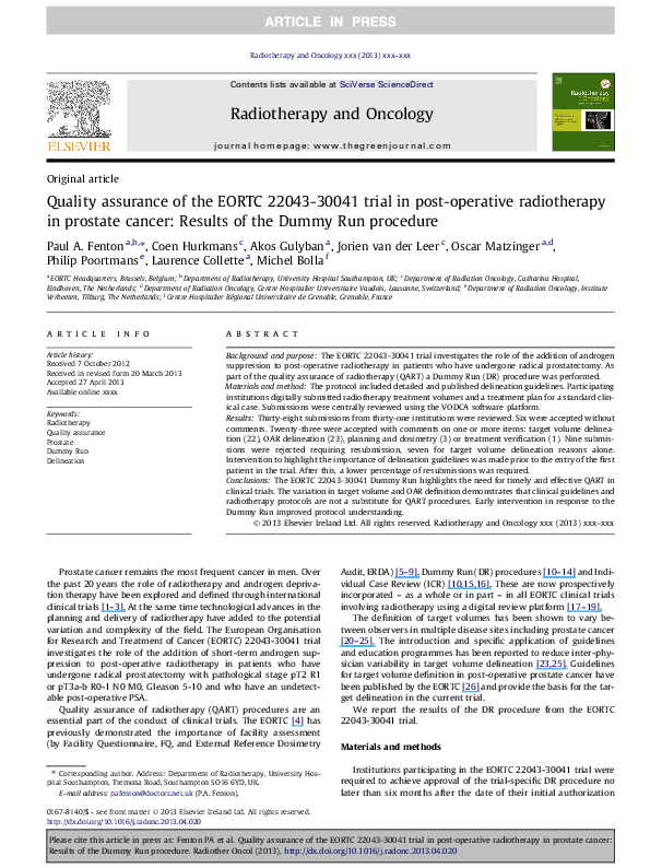 (PDF) Quality assurance of the EORTC 2204330041 trial in postoperative radiotherapy in