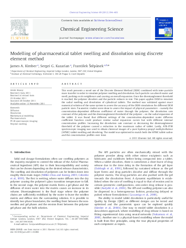 (PDF) Modelling of pharmaceutical tablet swelling and dissolution using ...