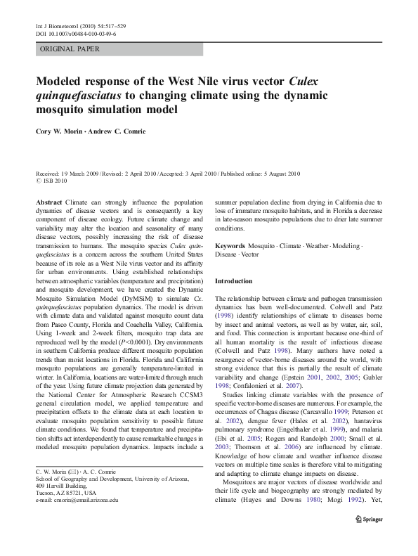 (PDF) Modeled response of the West Nile virus vector Culex ...