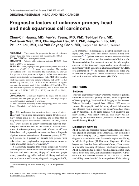 (PDF) Prognostic factors of unknown primary head and neck squamous cell ...