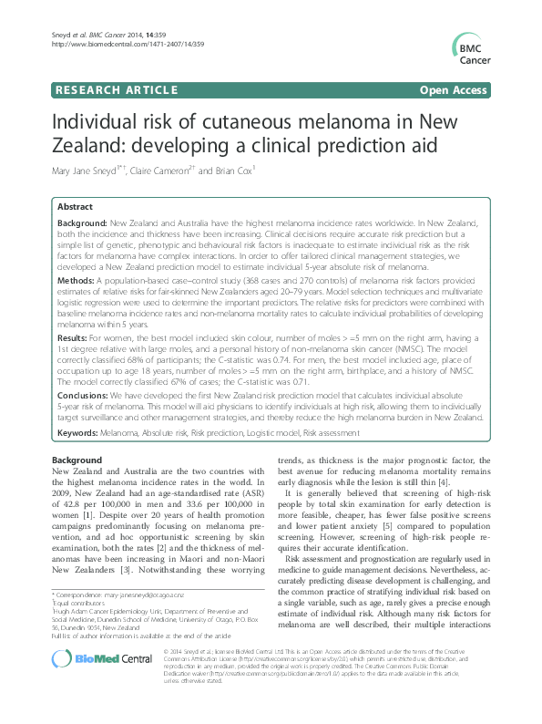(PDF) Individual risk of cutaneous melanoma in New Zealand: developing ...