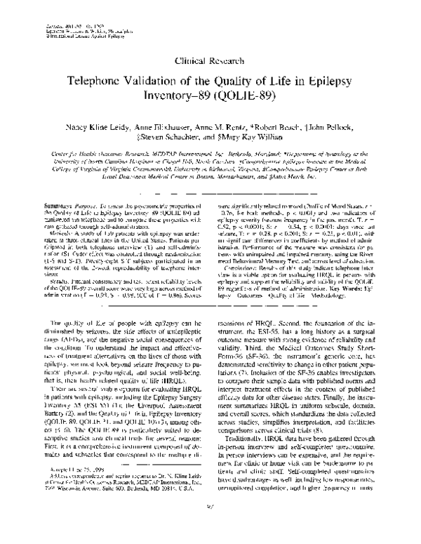 (PDF) Telephone Validation of the Quality of Life in Epilepsy Inventory ...