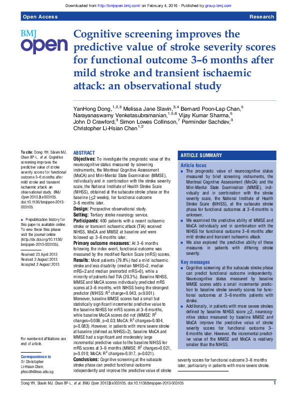 (PDF) Cognitive screening improves the predictive value of stroke ...