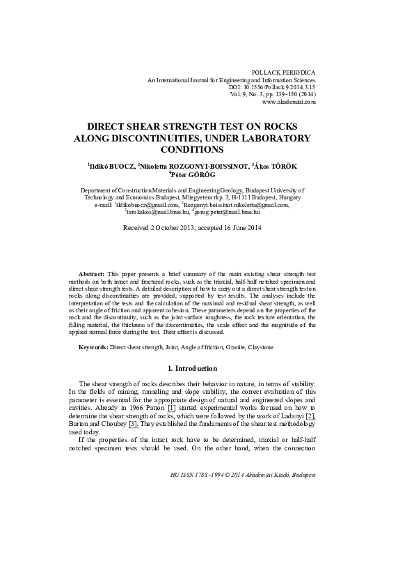 (PDF) Direct shear strength test on rocks along discontinuities, under