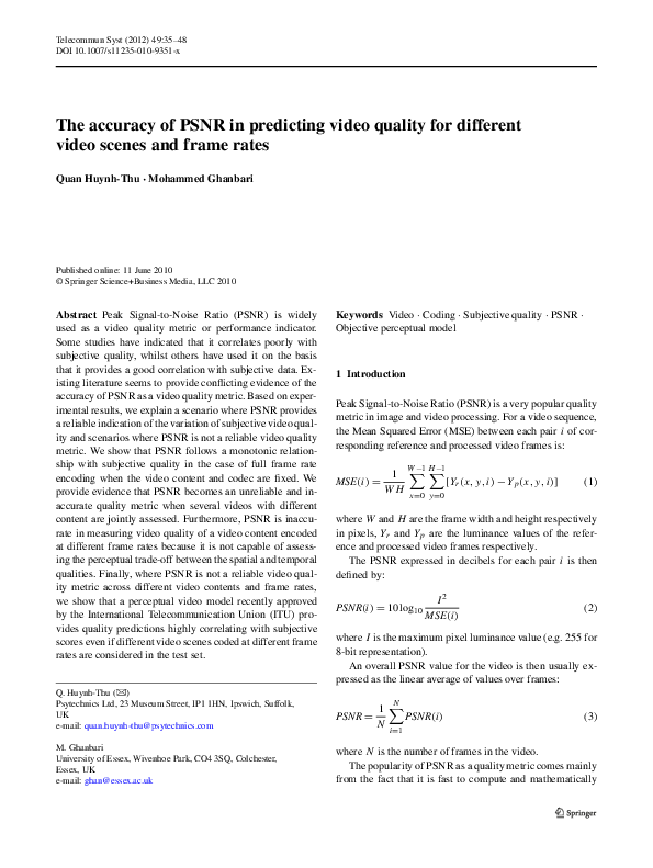 (PDF) The accuracy of PSNR in predicting video quality for different ...