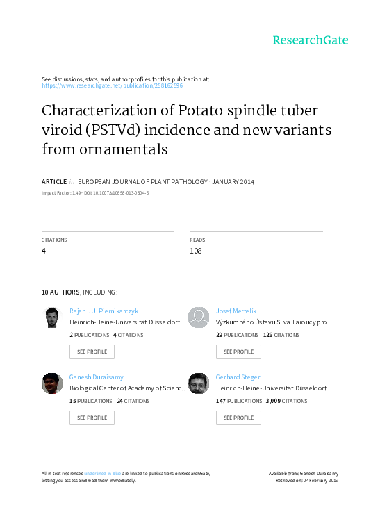 (PDF) Characterization of Potato spindle tuber viroid (PSTVd) incidence and new variants from