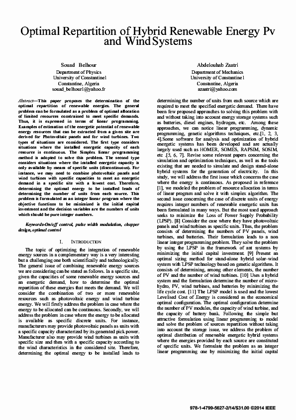 (PDF) Optimal repartition of hybrid renewable energy Pv and wind systems