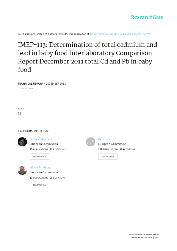 (PDF) IMEP113 Determination of total cadmium and lead in baby food