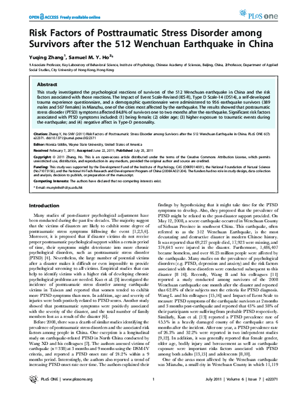 (PDF) Risk Factors of Posttraumatic Stress Disorder After an Earthquake ...