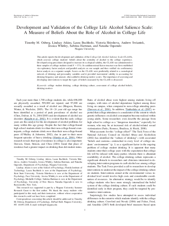 (PDF) Development and validation of the College Life Alcohol Salience ...
