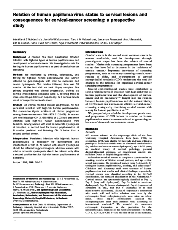 (PDF) Relation of human papilloma virus status to cervical lesions and ...