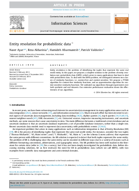 (PDF) Entity resolution for probabilistic data