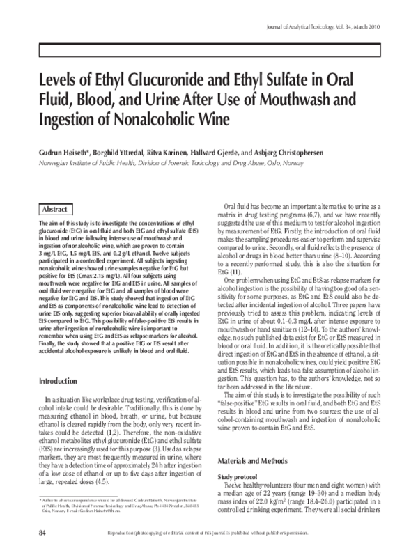 (PDF) Levels of Ethyl Glucuronide and Ethyl Sulfate in Oral Fluid