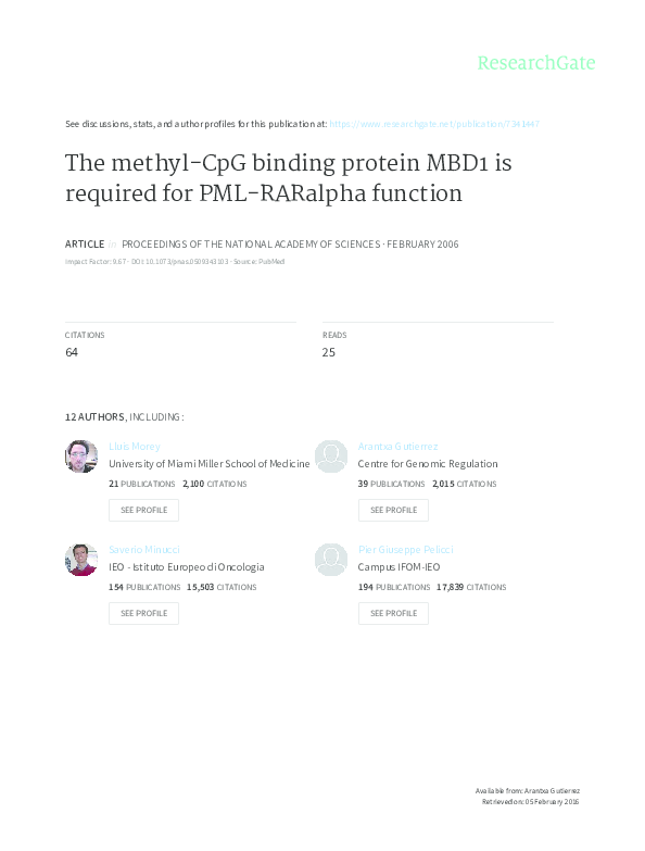 (PDF) The methyl-CpG binding protein MBD1 is required for PML-RAR function