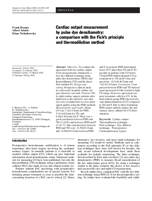(PDF) Cardiac output measurement by pulse dye densitometry a
