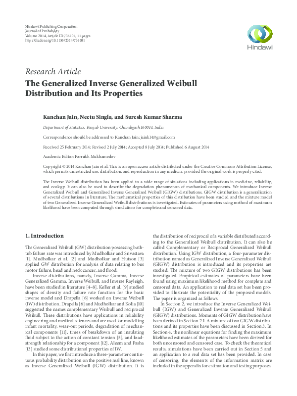 (PDF) The Generalized Inverse Generalized Weibull Distribution and Its ...