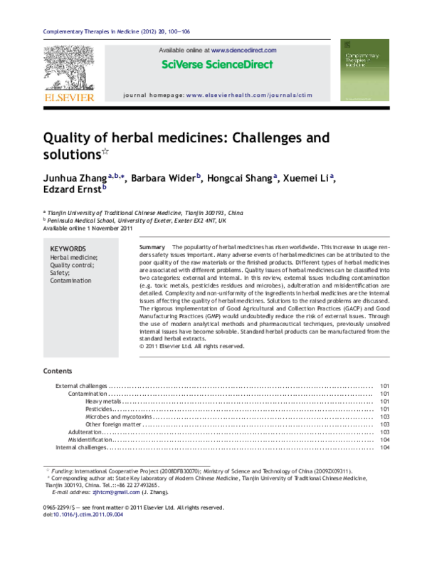 (PDF) Quality of herbal medicines Challenges and solutions Barbara