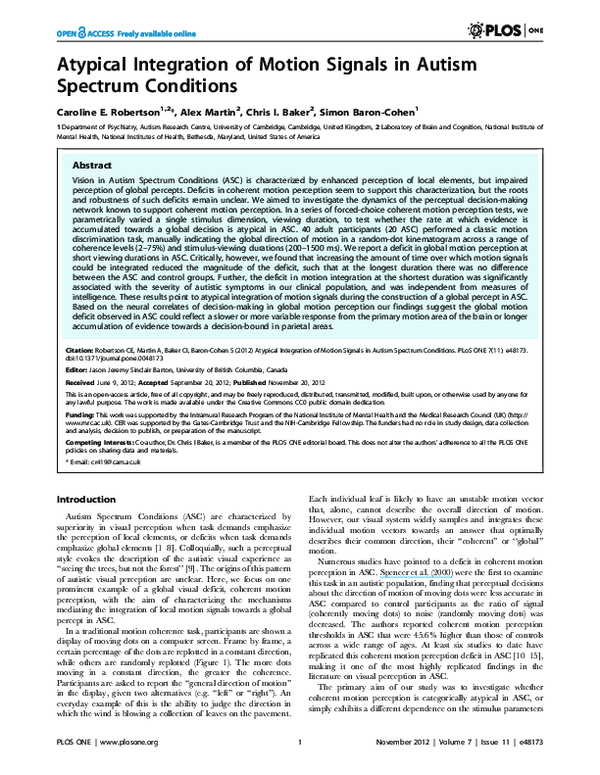 (PDF) Atypical Integration of Motion Signals in Autism