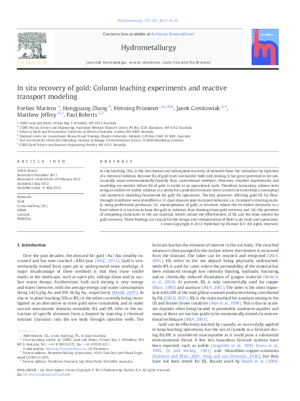 (PDF) In situ recovery of gold: Column leaching experiments and ...