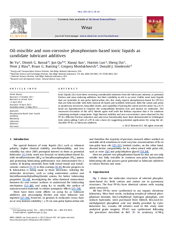 (PDF) OilMiscible and NonCorrosive Phosphonium Ionic Liquids as
