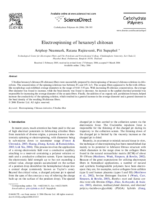 (PDF) Electrospinning of hexanoyl chitosan