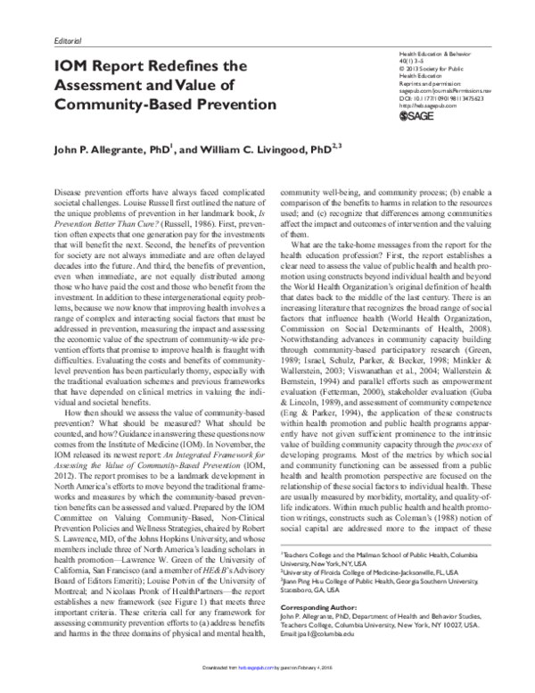 (PDF) IOM Report Redefines the Assessment and Value of Community-Based ...