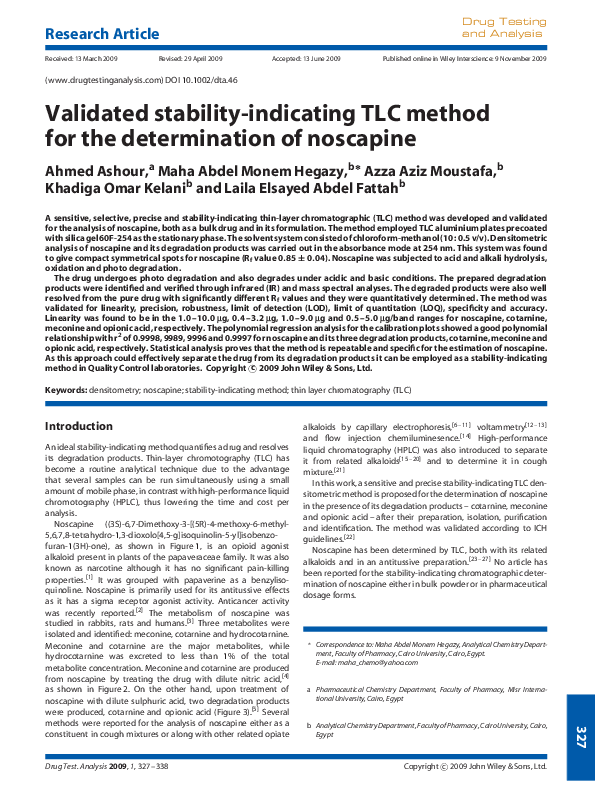 (PDF) Validated stabilityindicating TLC method for the determination of noscapine Maha Abdel