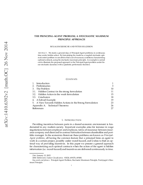 (PDF) The Principal-Agent Problem; A Stochastic Maximum Principle Approach