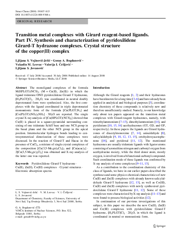 (PDF) Transition metal complexes with Girard reagentbased ligands