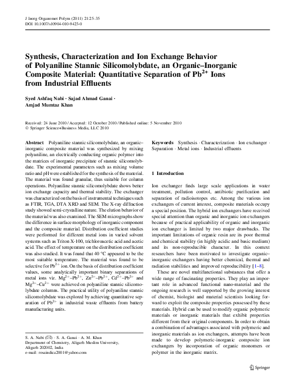 (PDF) Synthesis, Characterization and Ion Exchange Behavior of ...