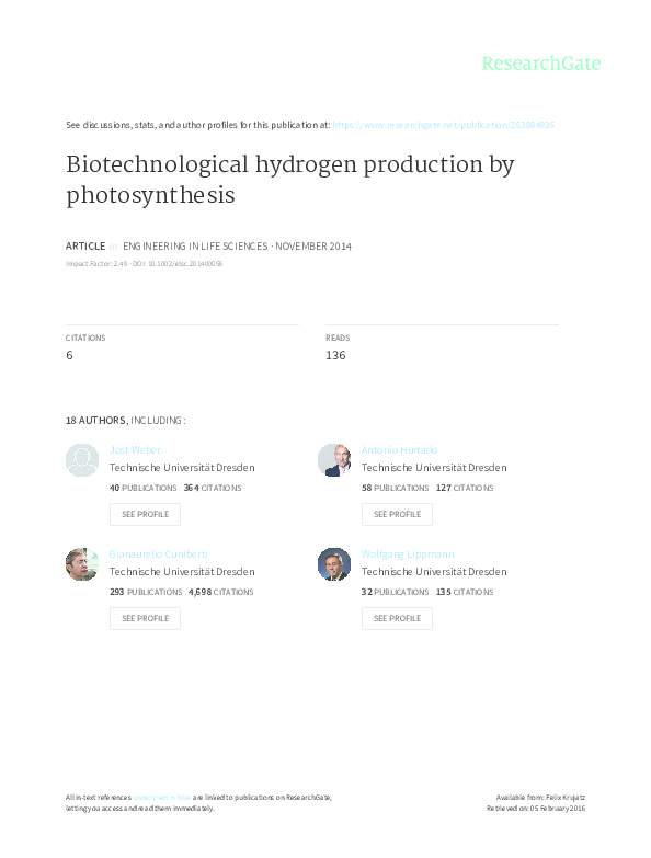 (PDF) Biotechnological hydrogen production by photosynthesis