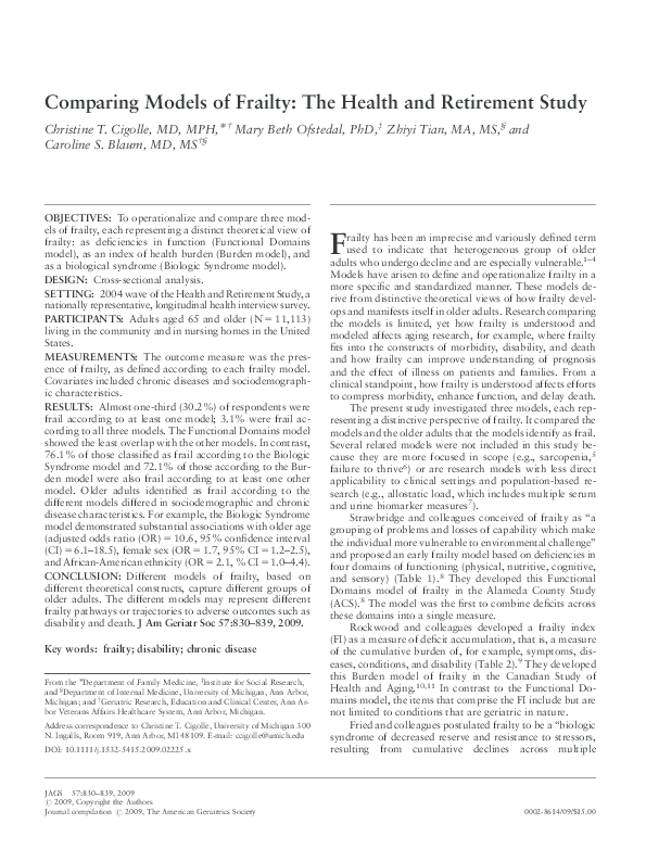 (PDF) Comparing Models of Frailty: The Health and Retirement Study