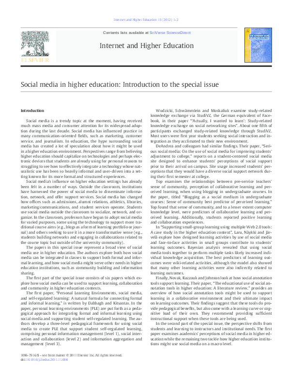 (PDF) Social media in higher education: Introduction to the special issue