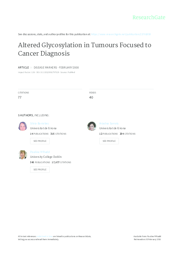 (PDF) Altered Glycosylation in Tumours Focused to Cancer Diagnosis