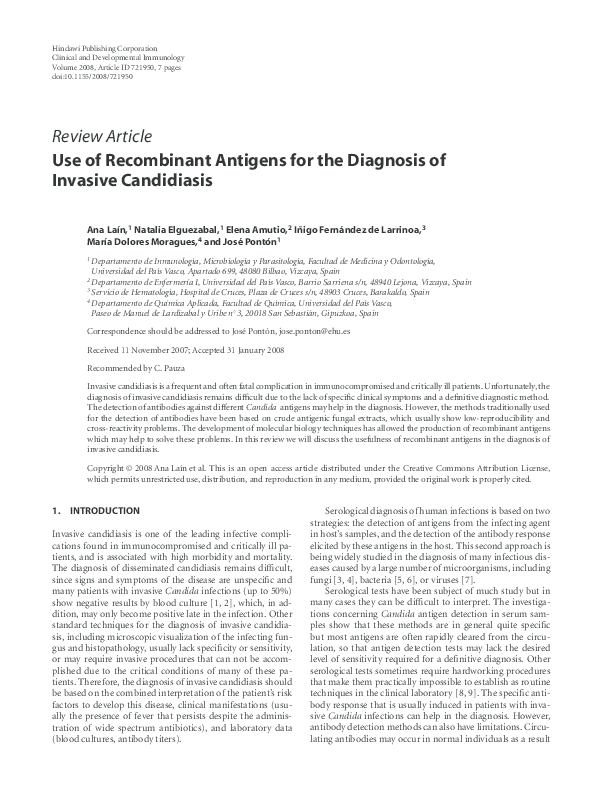 (PDF) Use of Recombinant Antigens for the Diagnosis of Invasive Candidiasis