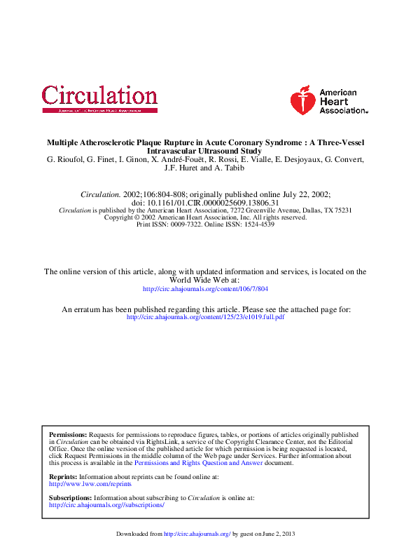 (PDF) Multiple Atherosclerotic Plaque Rupture in Acute Coronary ...
