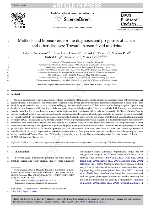 (PDF) Methods and biomarkers for the diagnosis and prognosis of cancer ...