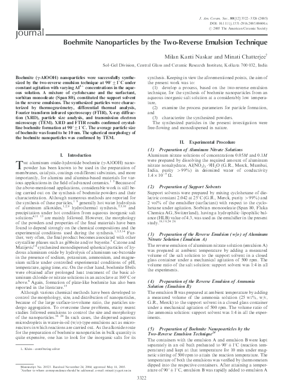 (PDF) Boehmite Nanoparticles by the Two-Reverse Emulsion Technique