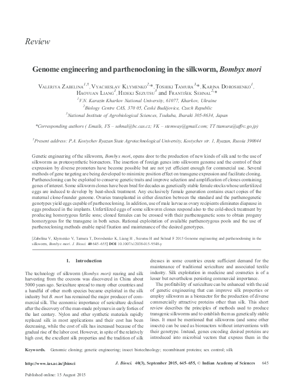 (PDF) Genome engineering and parthenocloning in the silkworm, Bombyx mori