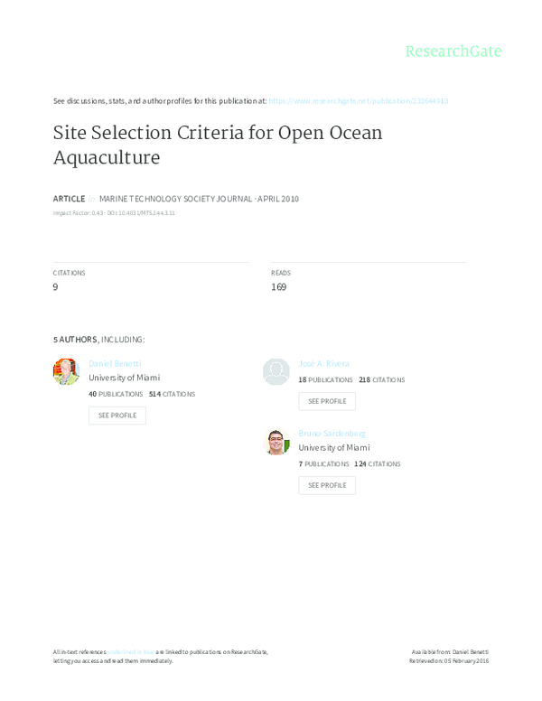 (PDF) Site Selection Criteria for Open Ocean Aquaculture