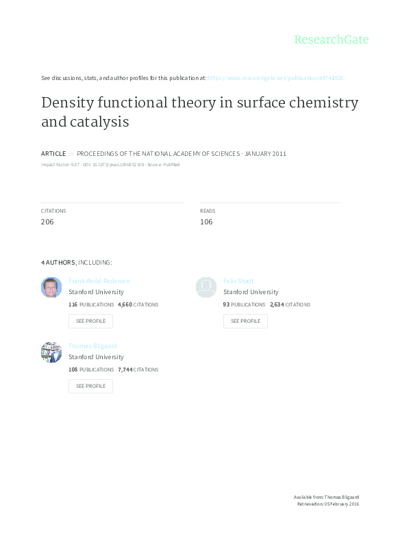 (PDF) Density functional theory in surface chemistry and catalysis