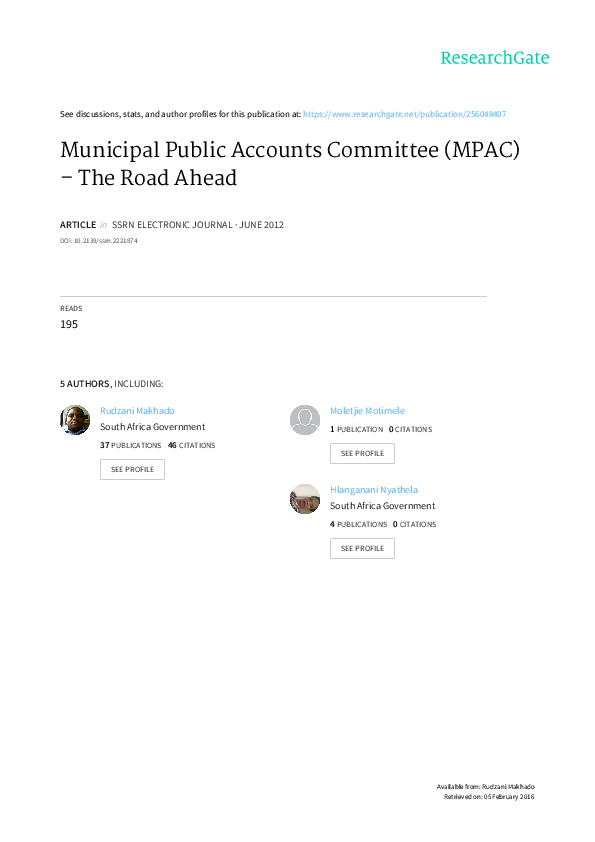 (PDF) Municipal Public Accounts Committee (MPAC) The Road Ahead