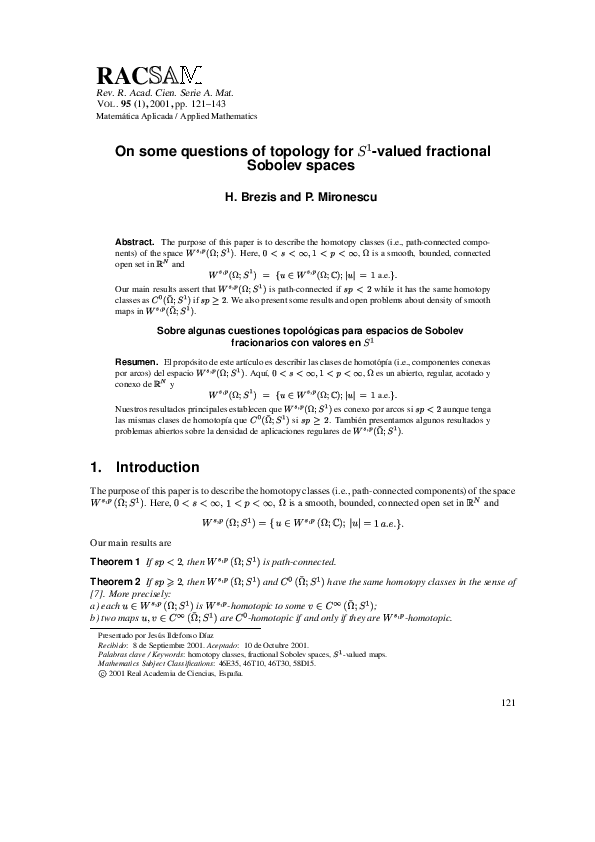 Pdf On Some Questions Of Topology For Valued Fractional Sobolev Spaces Petru Mironescu Academia Edu