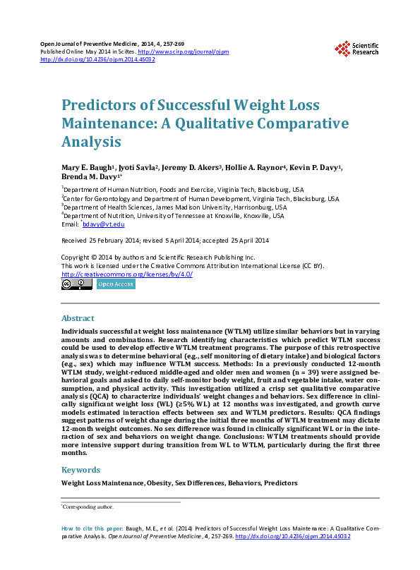 (PDF) Predictors of Successful Weight Loss Maintenance: A Qualitative ...