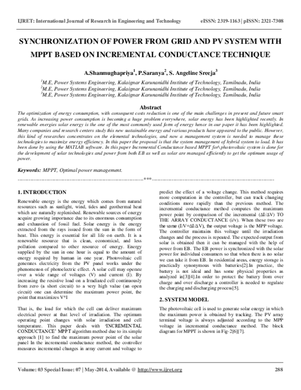 (PDF) SYNCHRONIZATION OF POWER FROM GRID AND PV SYSTEM WITH MPPT BASED ...